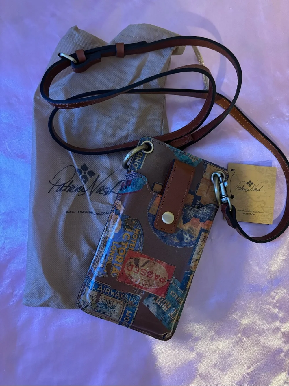 Patricia Nash Brown Leather Vintage Collage Crossbody Wallet